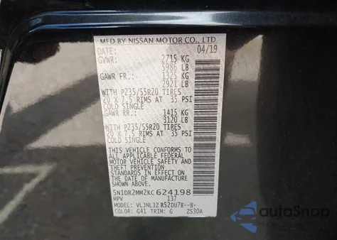 2019 Nissan Pathfinder Platinum z USA, uszkodzony, nr VIN 5N1DR2MM2KC624198